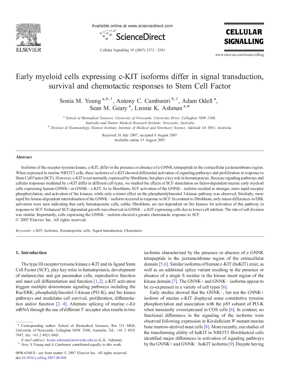 Early myeloid cells expressing c-KIT isoforms differ in signal transduction, survival and chemotactic responses to Stem Cell Factor