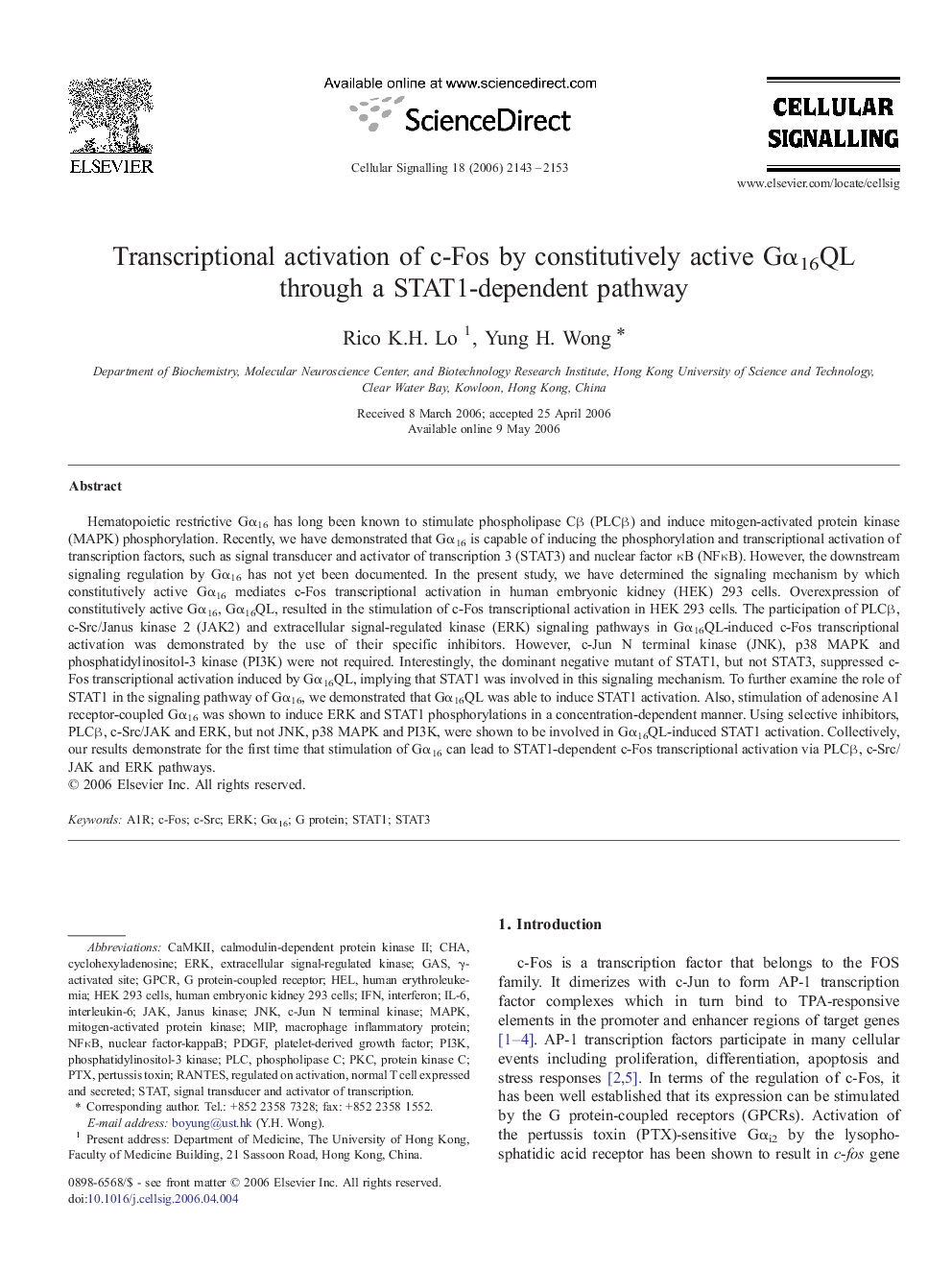 Transcriptional activation of c-Fos by constitutively active Gα16QL through a STAT1-dependent pathway