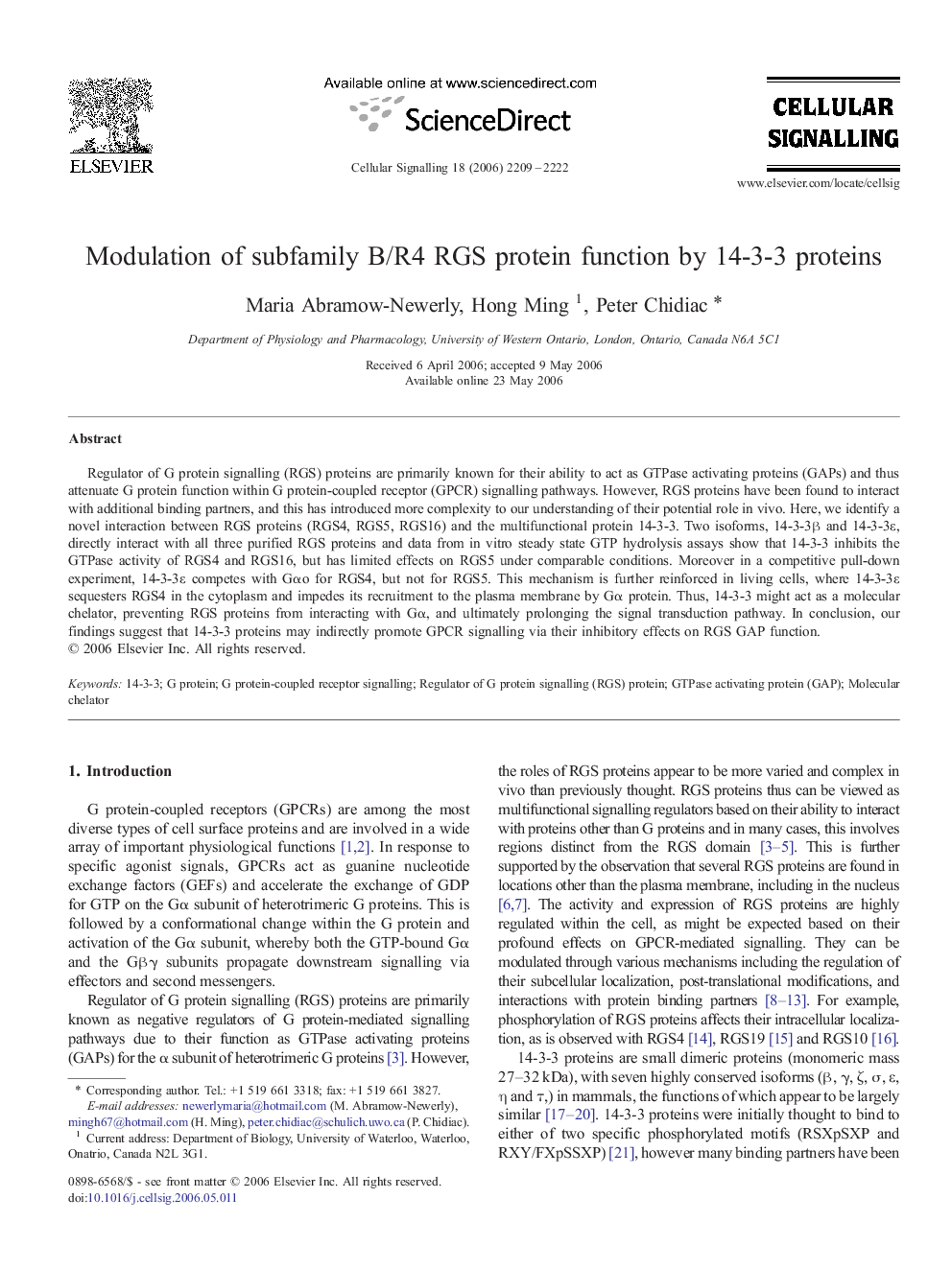 Modulation of subfamily B/R4 RGS protein function by 14-3-3 proteins