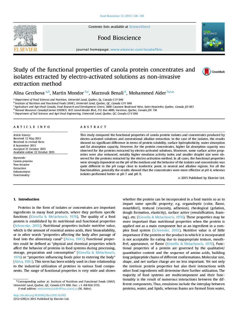 Study of the functional properties of canola protein concentrates and isolates extracted by electro-activated solutions as non-invasive extraction method