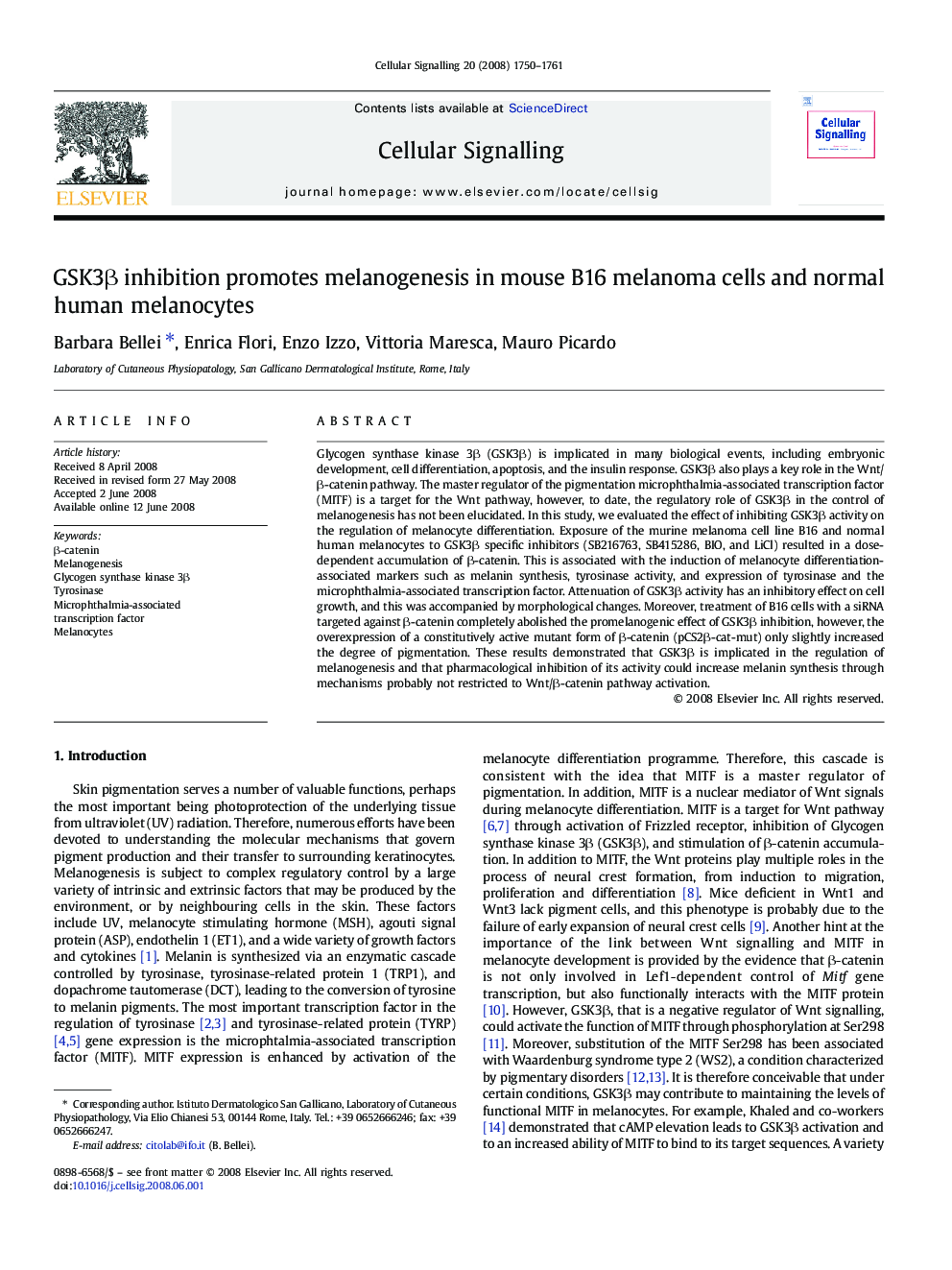 GSK3β inhibition promotes melanogenesis in mouse B16 melanoma cells and normal human melanocytes