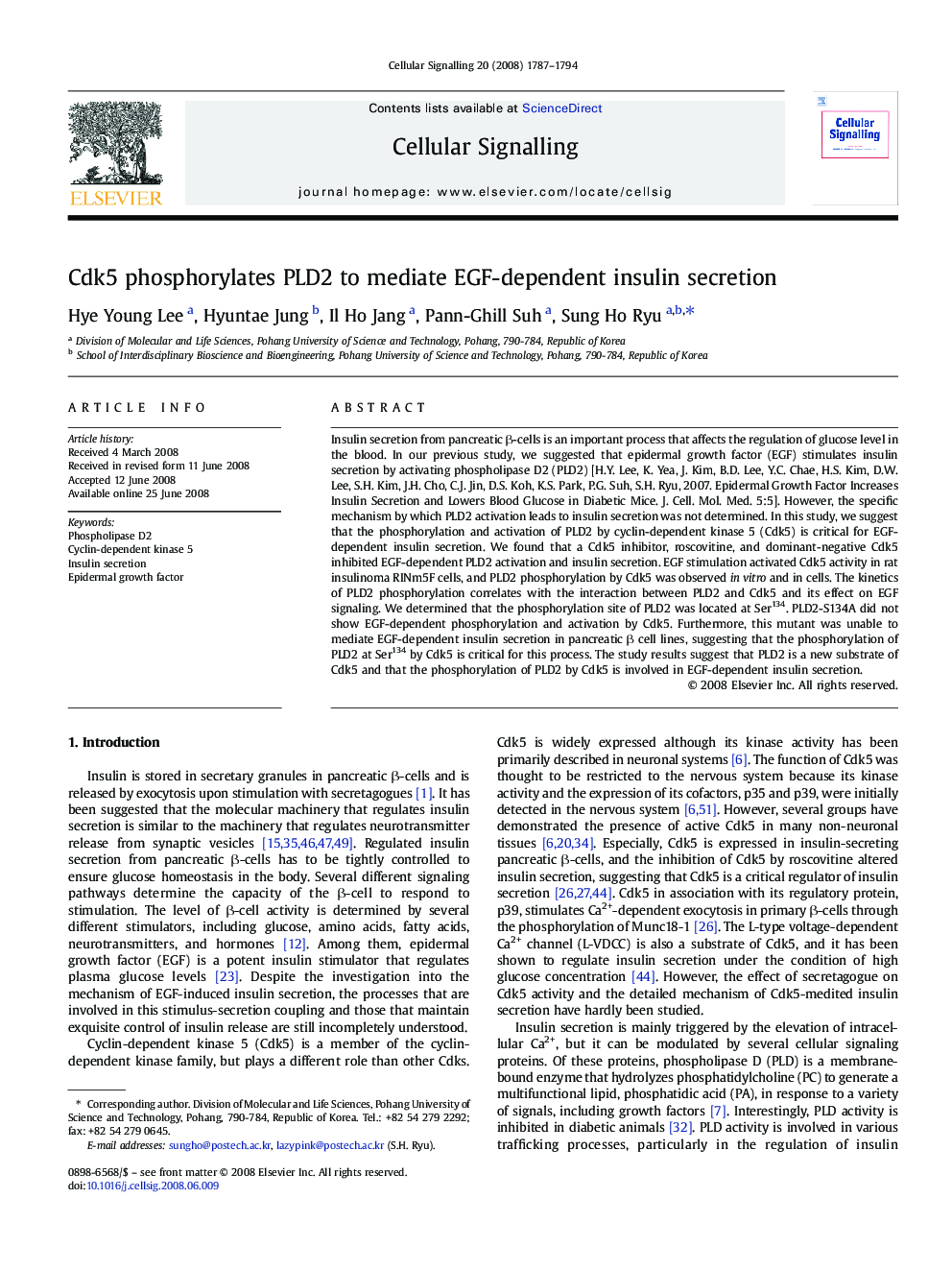 Cdk5 phosphorylates PLD2 to mediate EGF-dependent insulin secretion