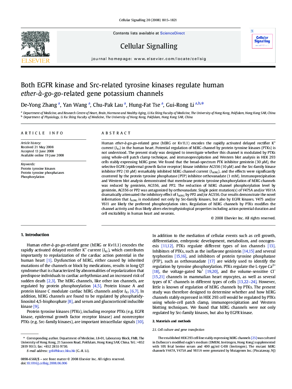 Both EGFR kinase and Src-related tyrosine kinases regulate human ether-à-go-go-related gene potassium channels