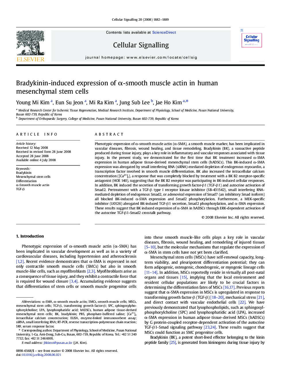 Bradykinin-induced expression of α-smooth muscle actin in human mesenchymal stem cells