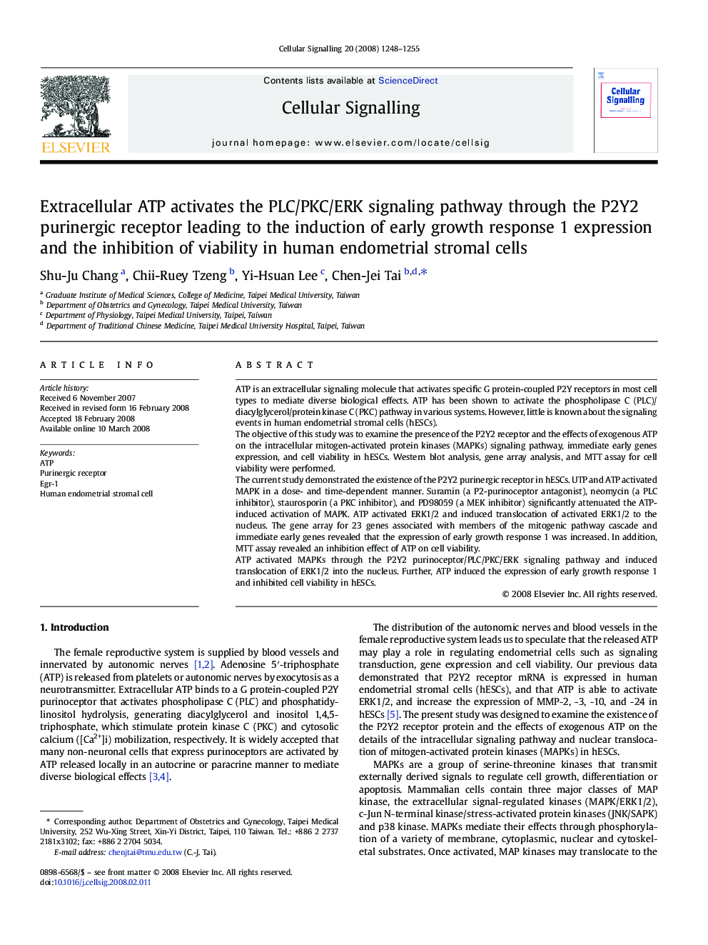 Extracellular ATP activates the PLC/PKC/ERK signaling pathway through the P2Y2 purinergic receptor leading to the induction of early growth response 1 expression and the inhibition of viability in human endometrial stromal cells