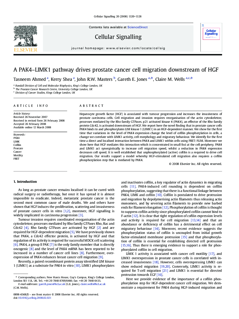 A PAK4–LIMK1 pathway drives prostate cancer cell migration downstream of HGF