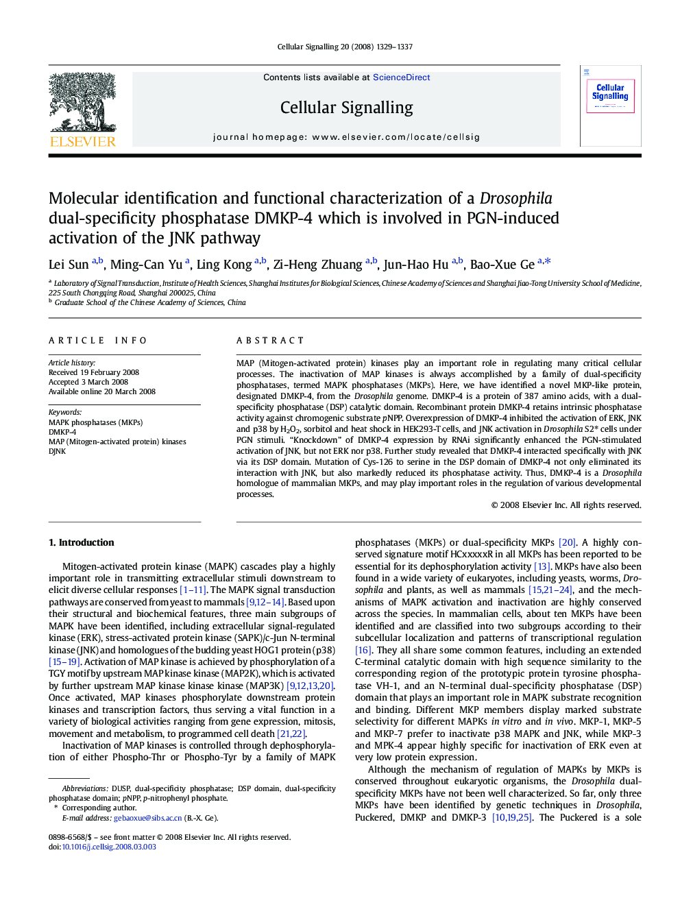 Molecular identification and functional characterization of a Drosophila dual-specificity phosphatase DMKP-4 which is involved in PGN-induced activation of the JNK pathway