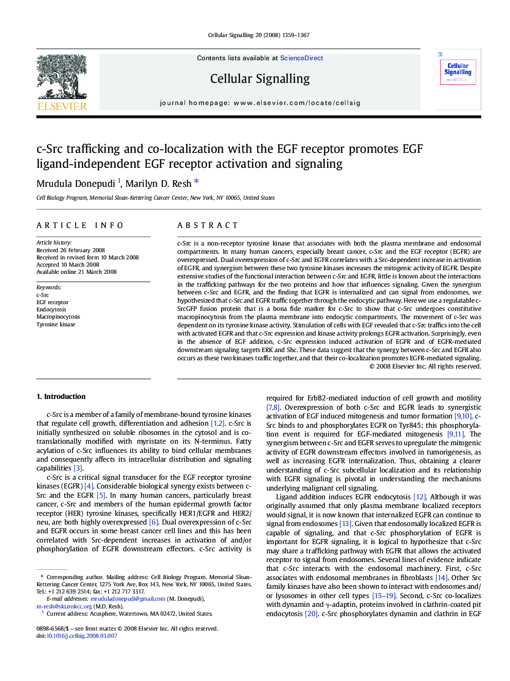 c-Src trafficking and co-localization with the EGF receptor promotes EGF ligand-independent EGF receptor activation and signaling