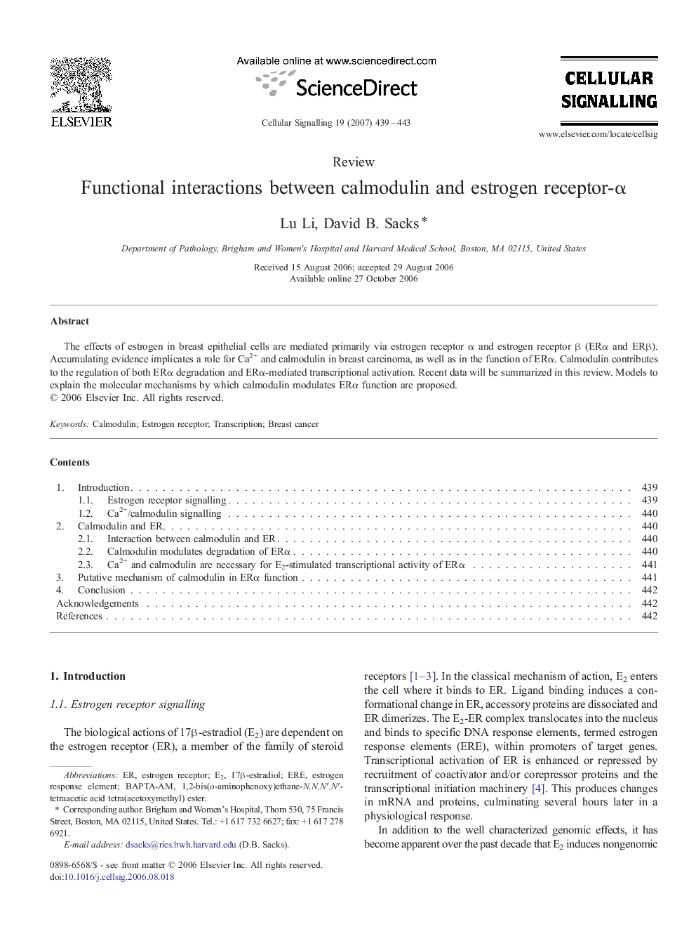 Functional interactions between calmodulin and estrogen receptor-α