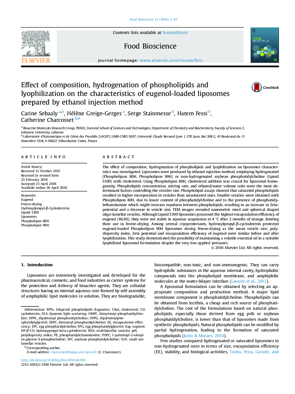 Effect of composition, hydrogenation of phospholipids and lyophilization on the characteristics of eugenol-loaded liposomes prepared by ethanol injection method