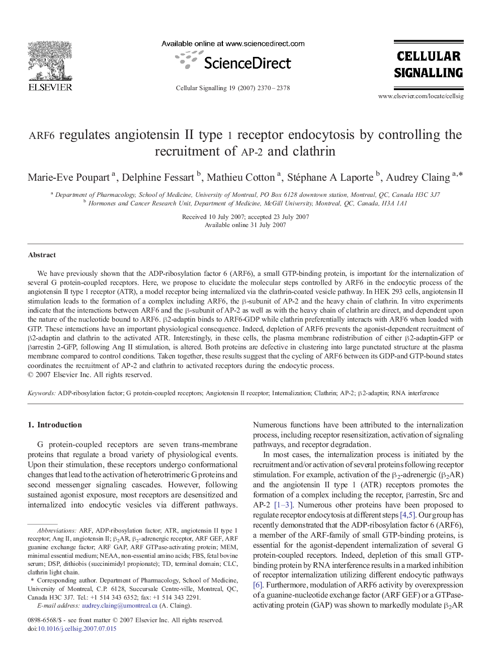 ARF6 regulates angiotensin II type 1 receptor endocytosis by controlling the recruitment of AP-2 and clathrin