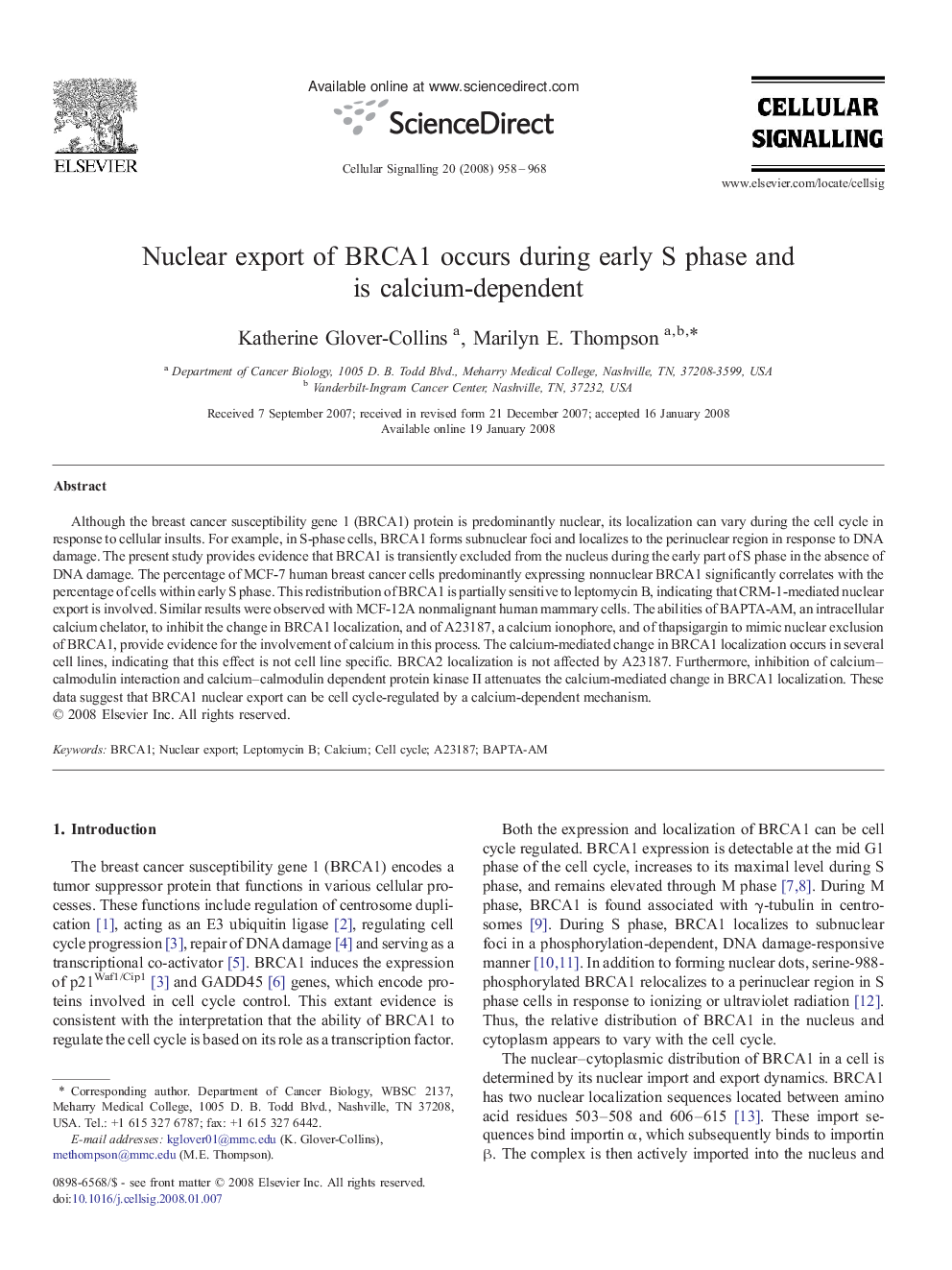 Nuclear export of BRCA1 occurs during early S phase and is calcium-dependent