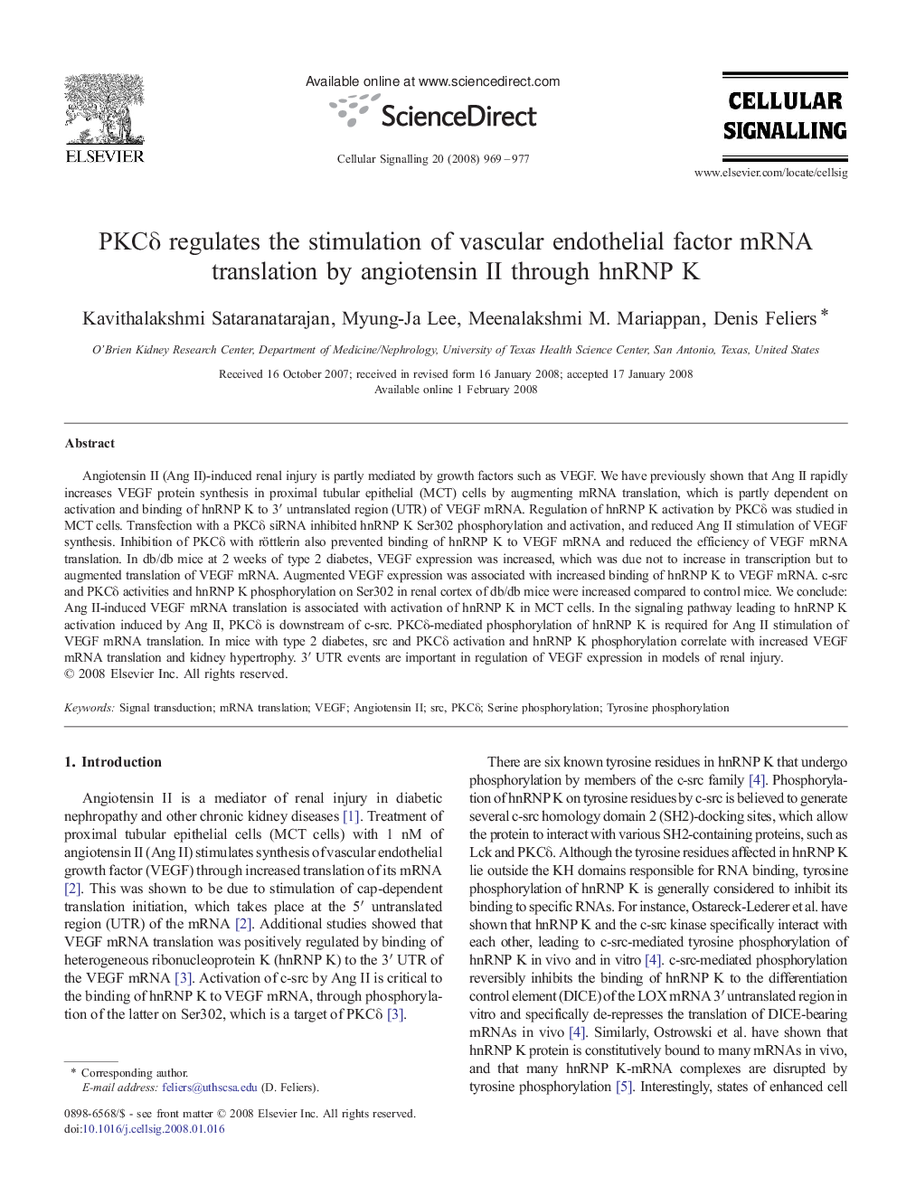 PKCδ regulates the stimulation of vascular endothelial factor mRNA translation by angiotensin II through hnRNP K