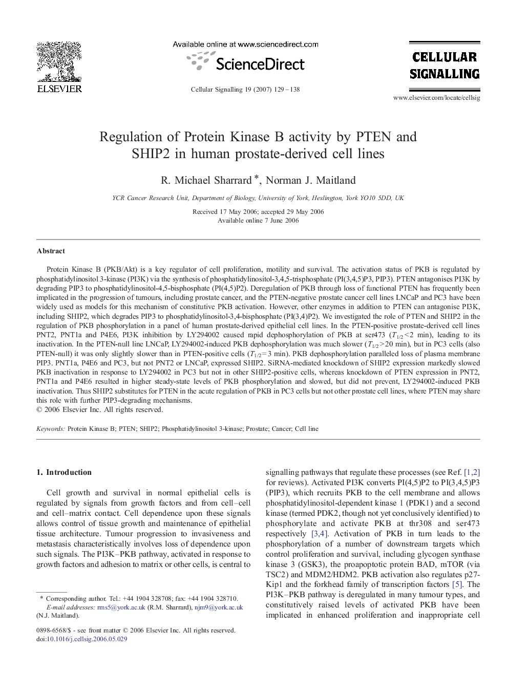 Regulation of Protein Kinase B activity by PTEN and SHIP2 in human prostate-derived cell lines