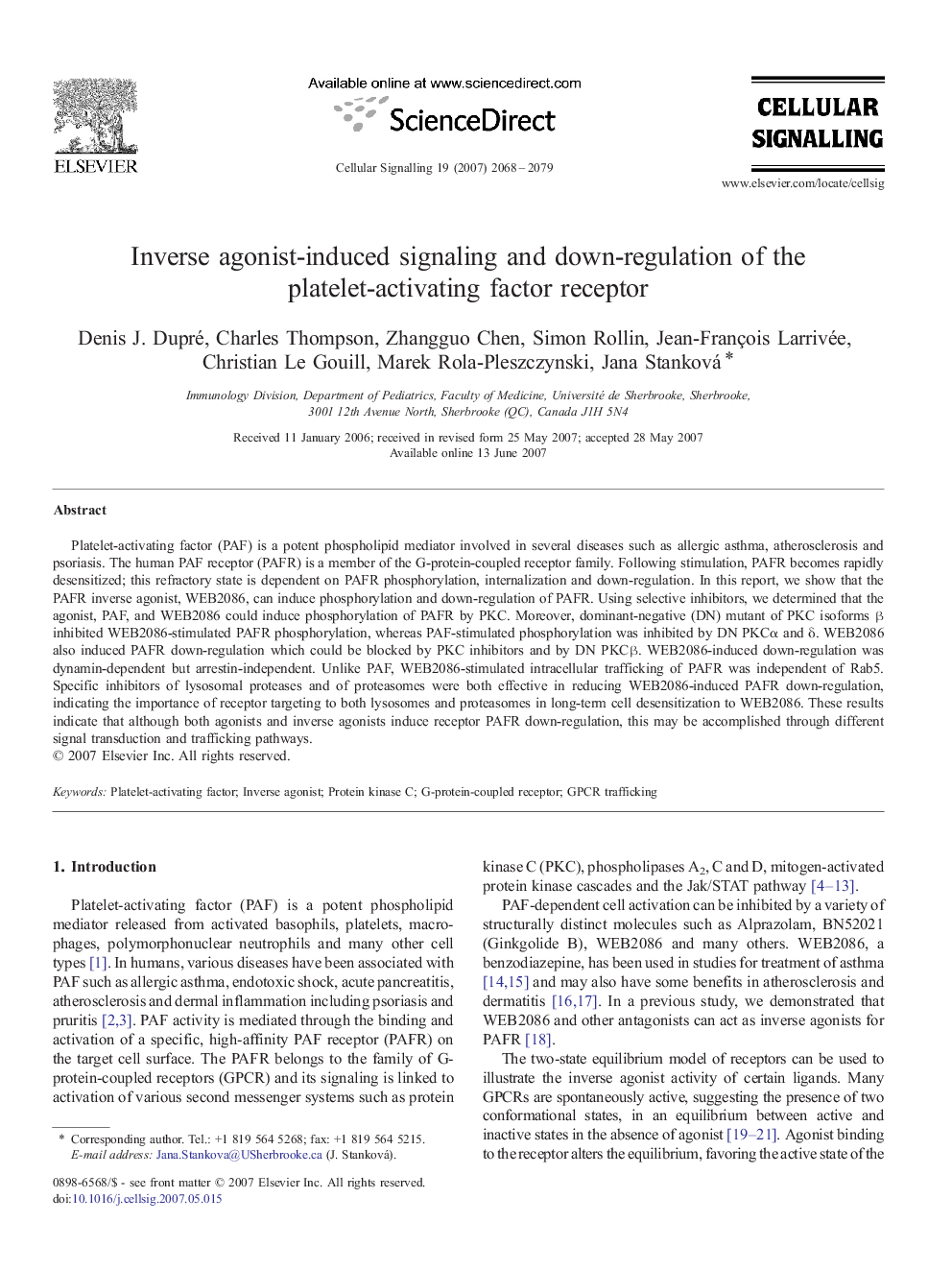 Inverse agonist-induced signaling and down-regulation of the platelet-activating factor receptor