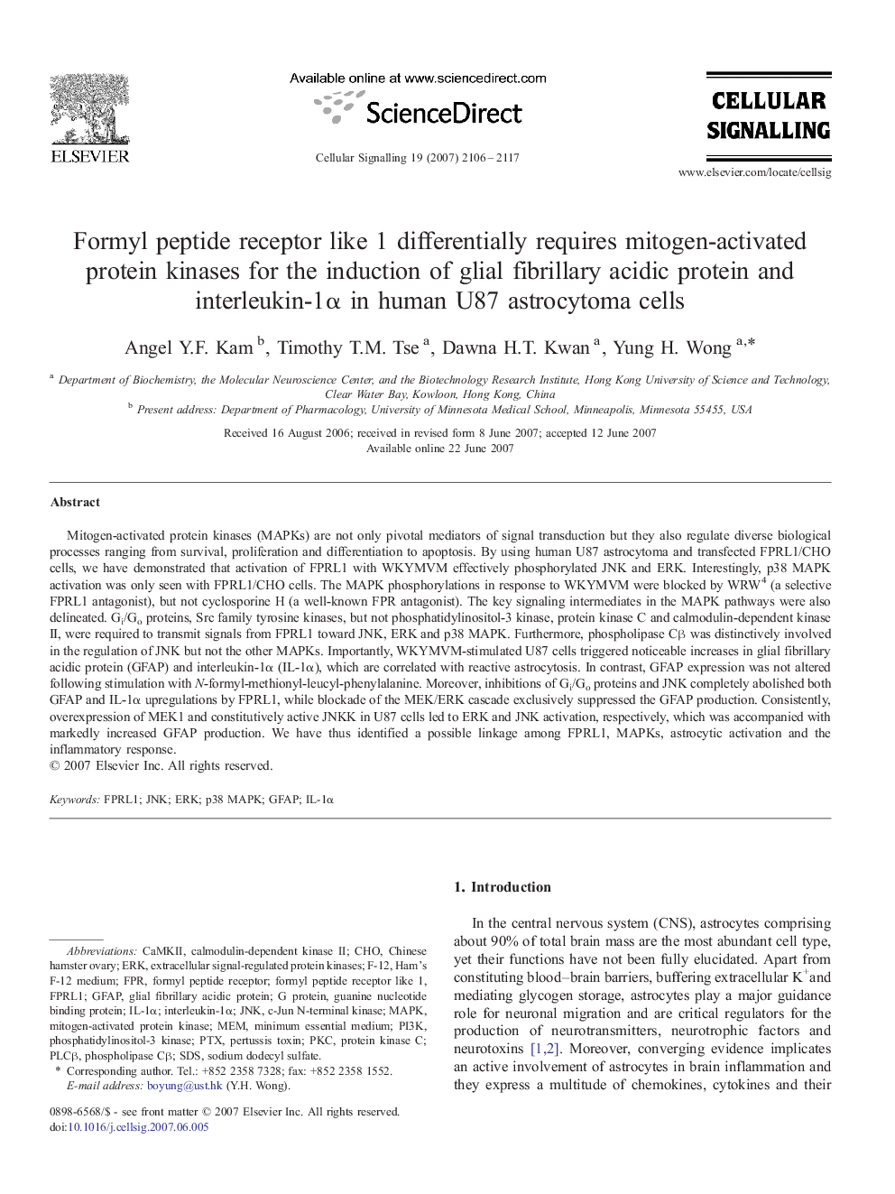 Formyl peptide receptor like 1 differentially requires mitogen-activated protein kinases for the induction of glial fibrillary acidic protein and interleukin-1α in human U87 astrocytoma cells