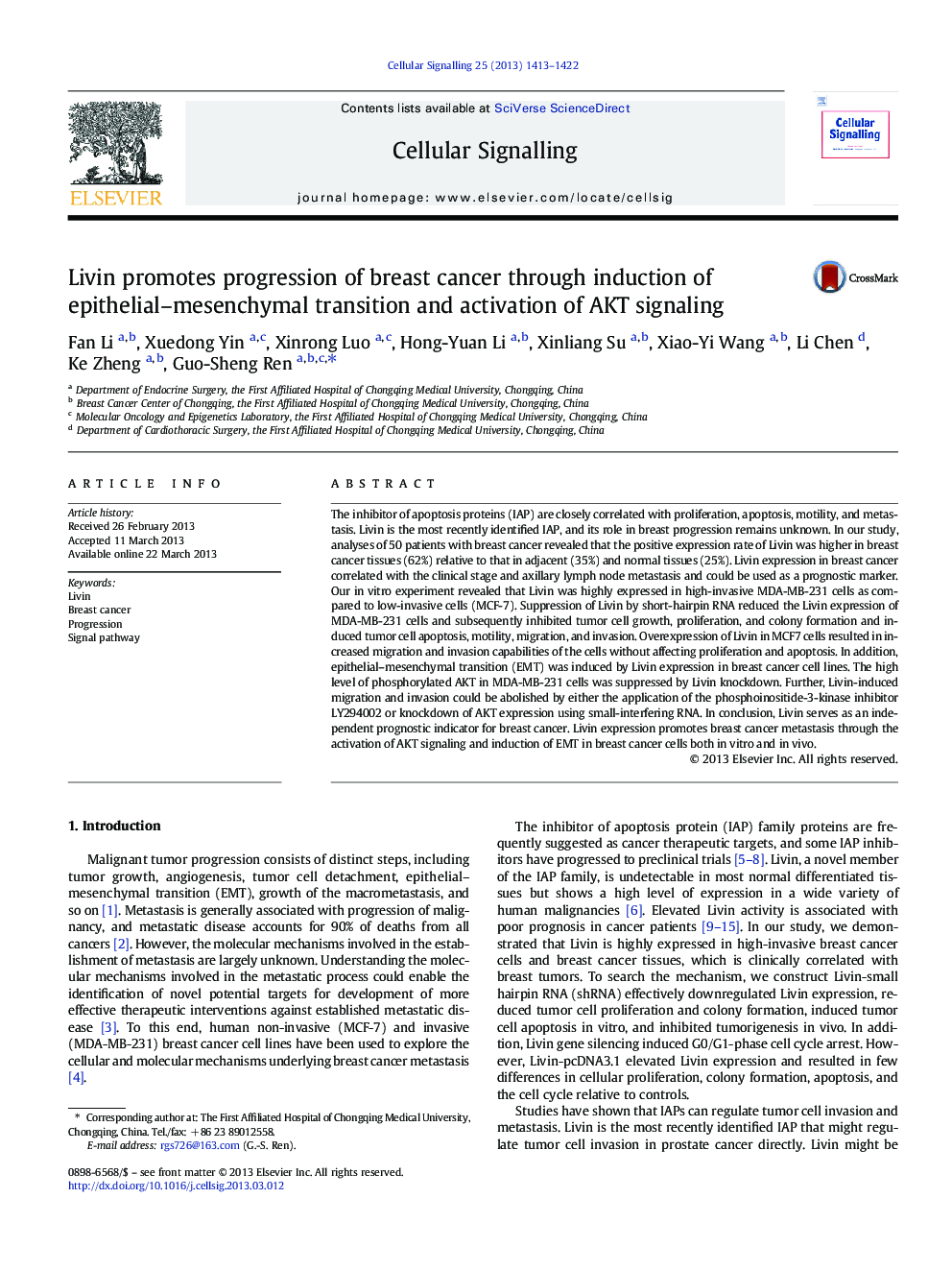 Livin promotes progression of breast cancer through induction of epithelial–mesenchymal transition and activation of AKT signaling