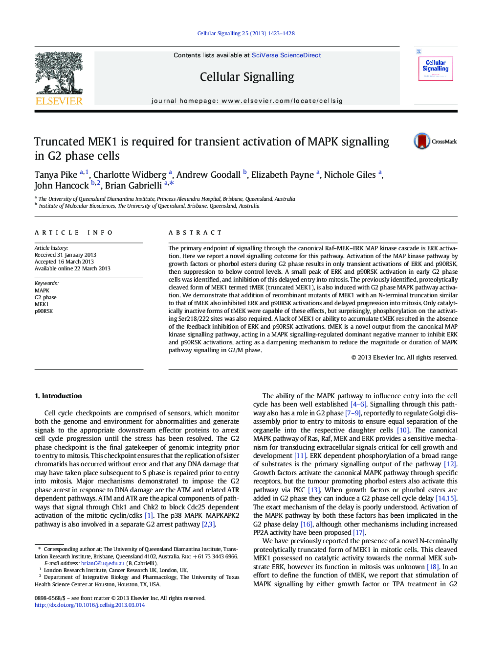 عکس صفحه اول مقاله: Truncated MEK1 is required for transient activation of MAPK signalling in G2 phase cells Truncated MEK1 is required for transient activation of MAPK signalling in G2 phase cells