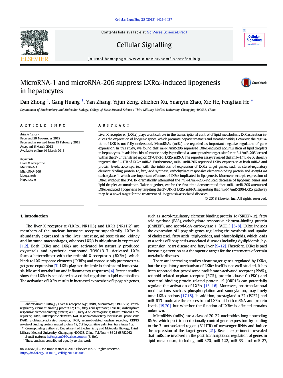 MicroRNA-1 and microRNA-206 suppress LXRÎ±-induced lipogenesis in hepatocytes