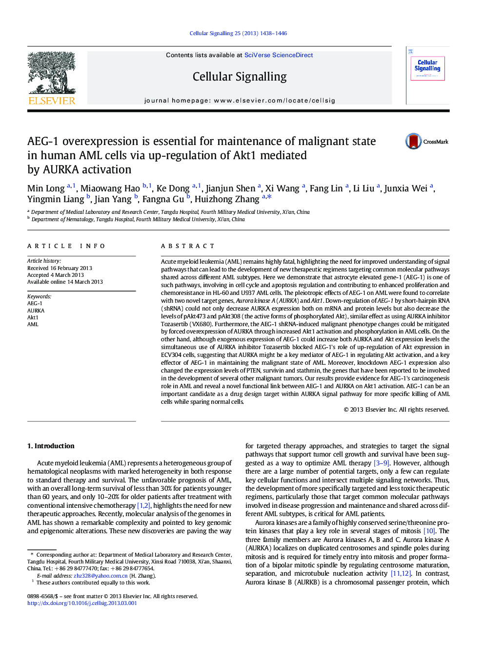 AEG-1 overexpression is essential for maintenance of malignant state in human AML cells via up-regulation of Akt1 mediated by AURKA activation