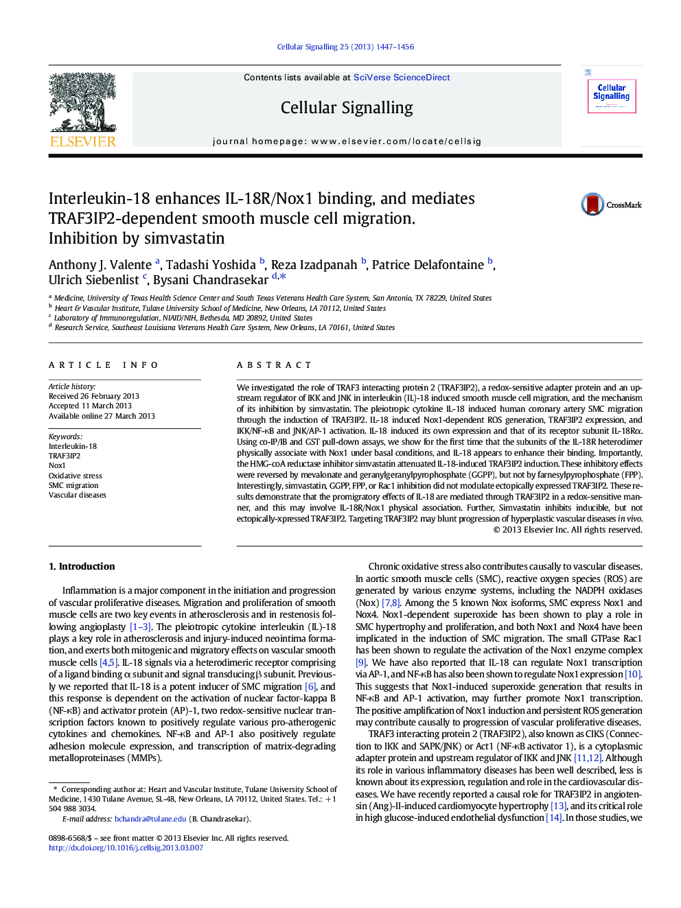 Interleukin-18 enhances IL-18R/Nox1 binding, and mediates TRAF3IP2-dependent smooth muscle cell migration. Inhibition by simvastatin