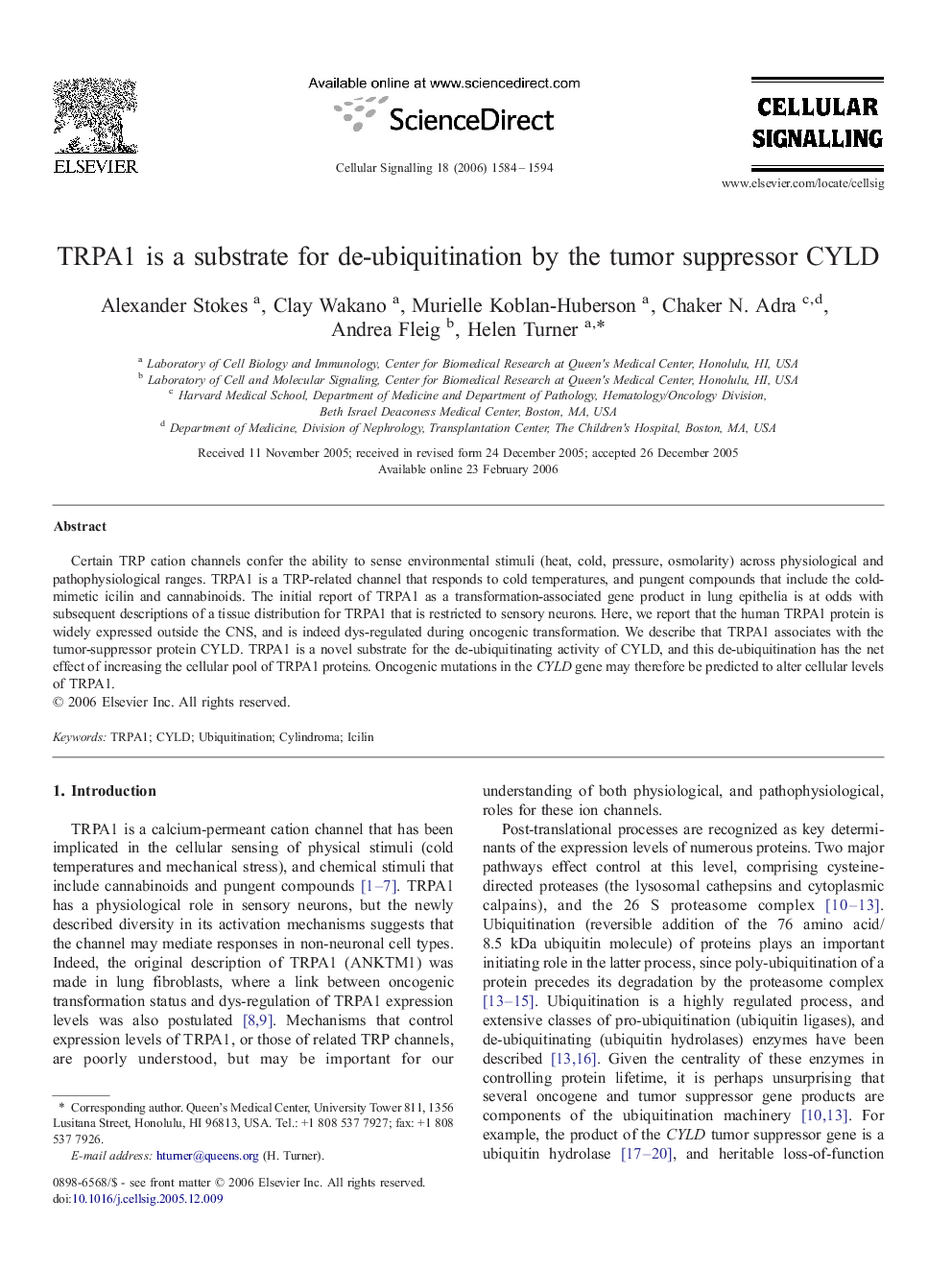 TRPA1 is a substrate for de-ubiquitination by the tumor suppressor CYLD