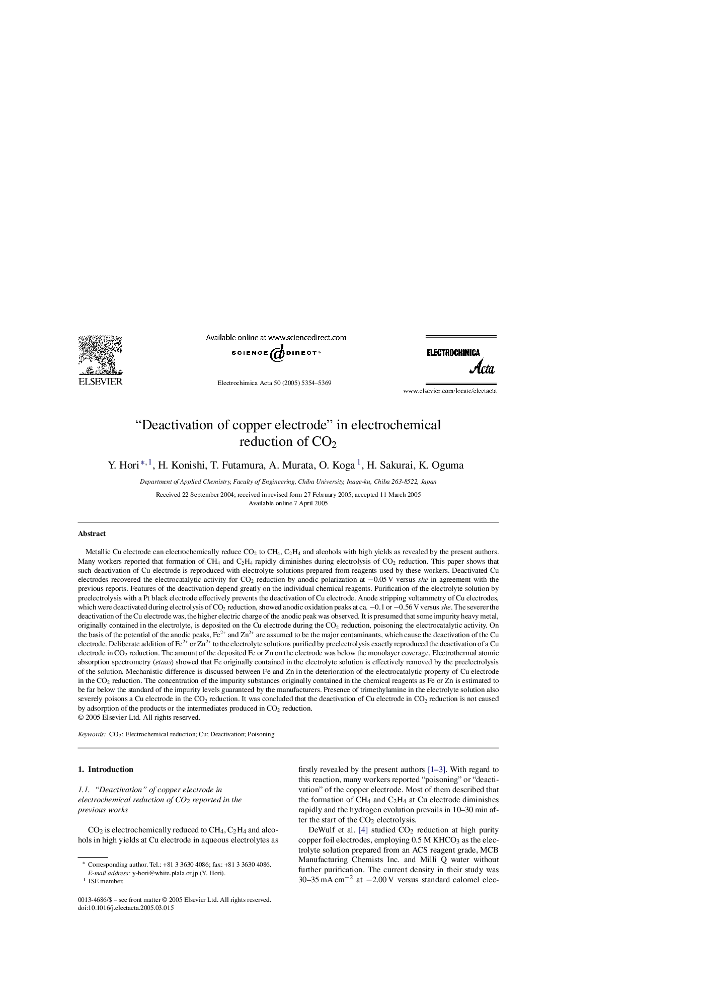 “Deactivation of copper electrode” in electrochemical reduction of CO2