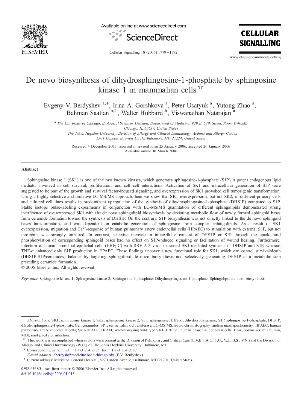 De novo biosynthesis of dihydrosphingosine-1-phosphate by sphingosine kinase 1 in mammalian cells 