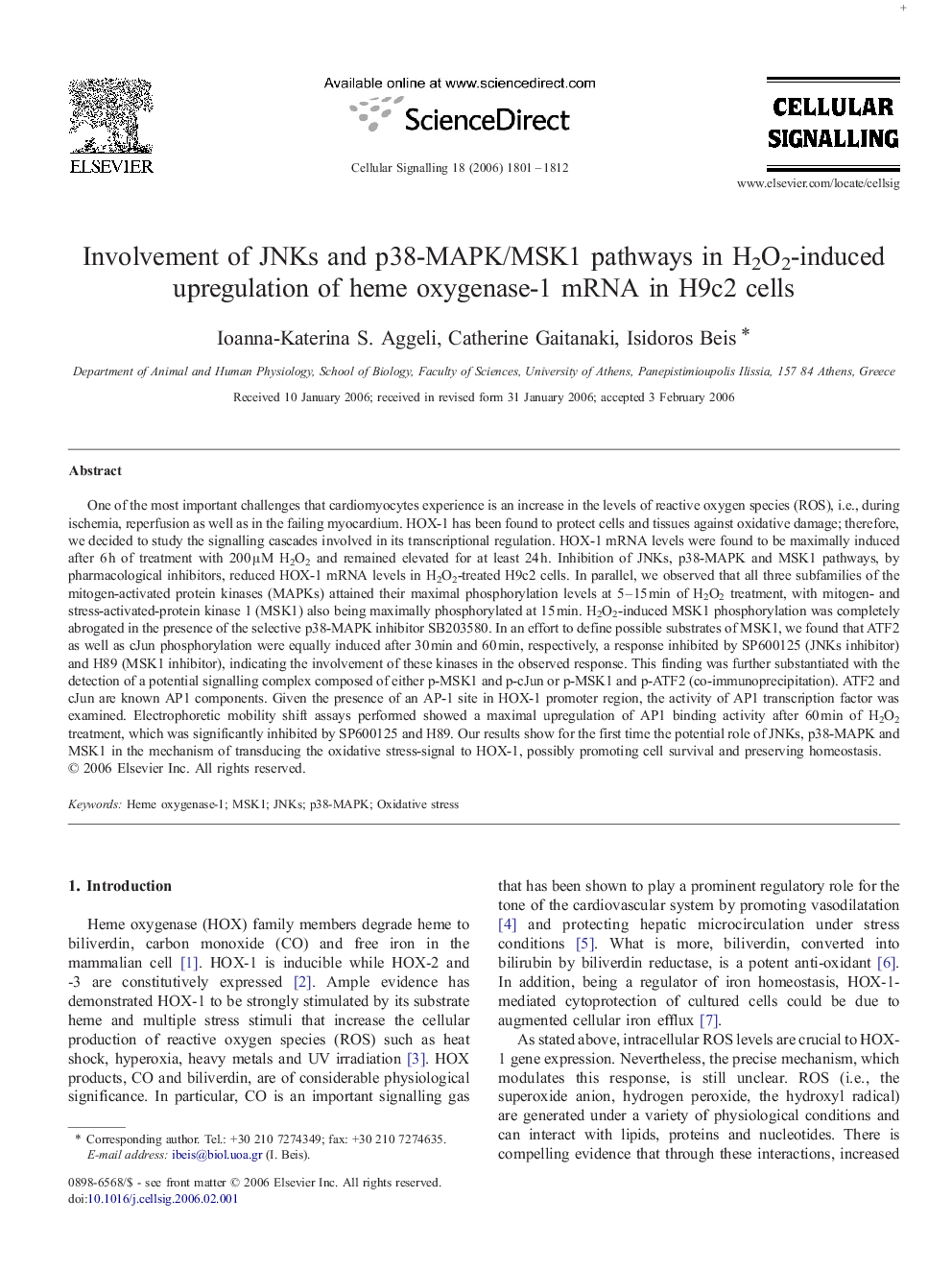 Involvement of JNKs and p38-MAPK/MSK1 pathways in H2O2-induced upregulation of heme oxygenase-1 mRNA in H9c2 cells