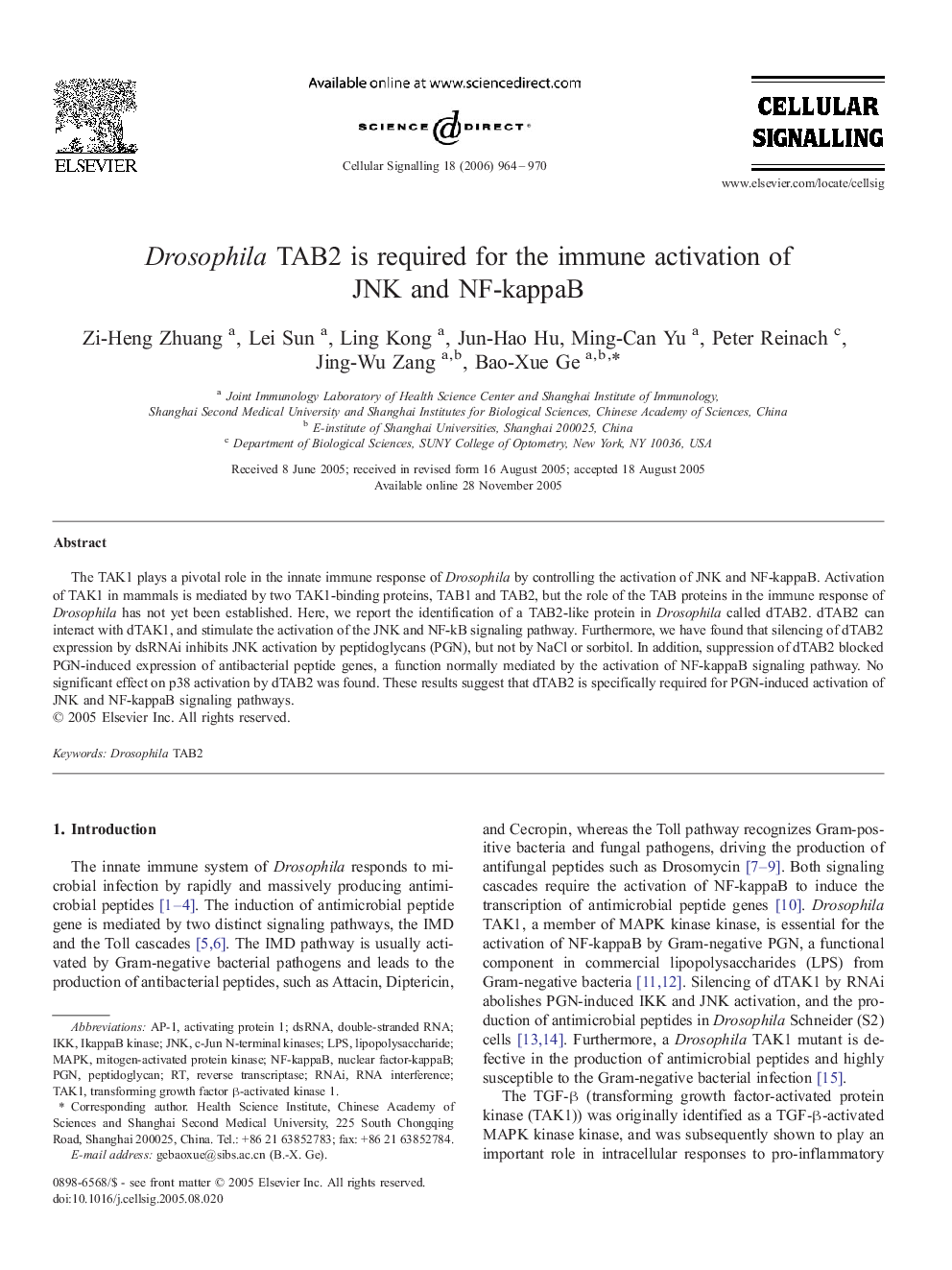 عکس صفحه اول مقاله: Drosophila TAB2 is required for the immune activation of JNK and NF-kappaB Drosophila TAB2 is required for the immune activation of JNK and NF-kappaB