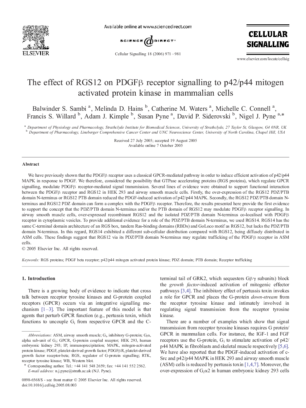 The effect of RGS12 on PDGFβ receptor signalling to p42/p44 mitogen activated protein kinase in mammalian cells