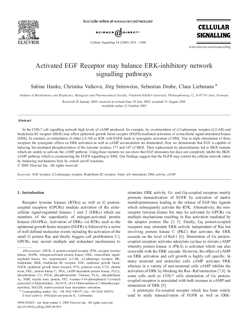 Activated EGF Receptor may balance ERK-inhibitory network signalling pathways