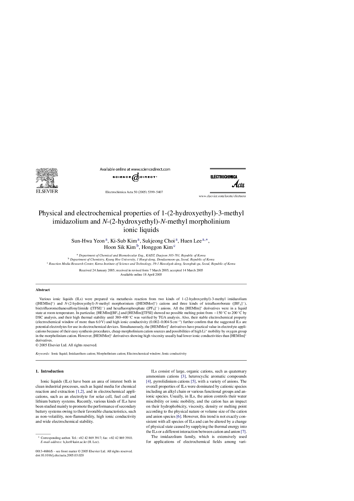 عکس صفحه اول مقاله: Physical and electrochemical properties of 1-(2-hydroxyethyl)-3-methyl imidazolium and N-(2-hydroxyethyl)-N-methyl morpholinium ionic liquids Physical and electrochemical properties of 1-(2-hydroxyethyl)-3-methyl imidazolium and N-(2-hydroxyethyl)-N-methyl morpholinium ionic liquids