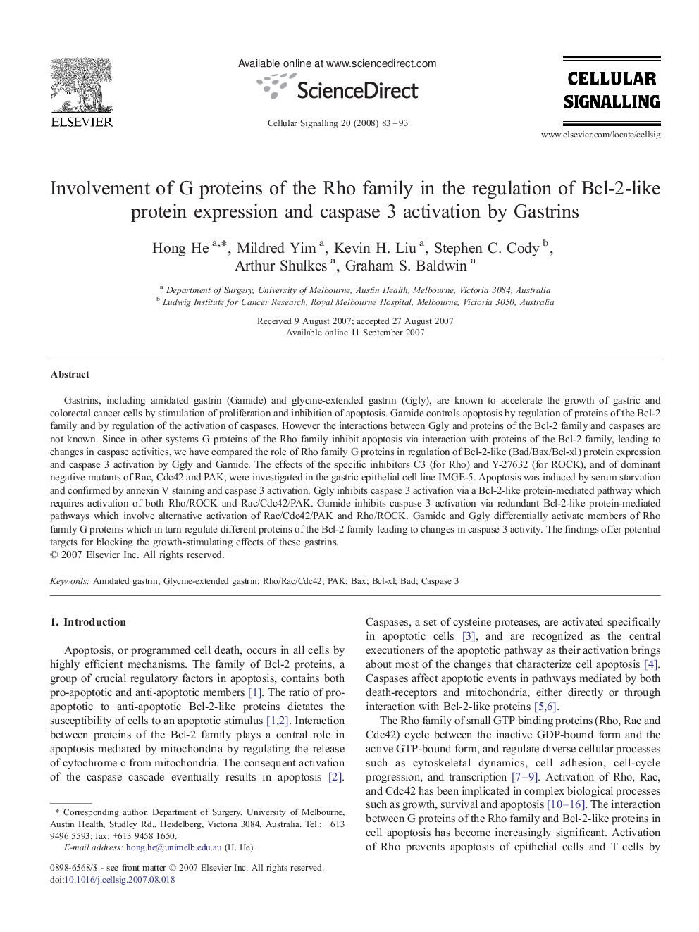 Involvement of G proteins of the Rho family in the regulation of Bcl-2-like protein expression and caspase 3 activation by Gastrins