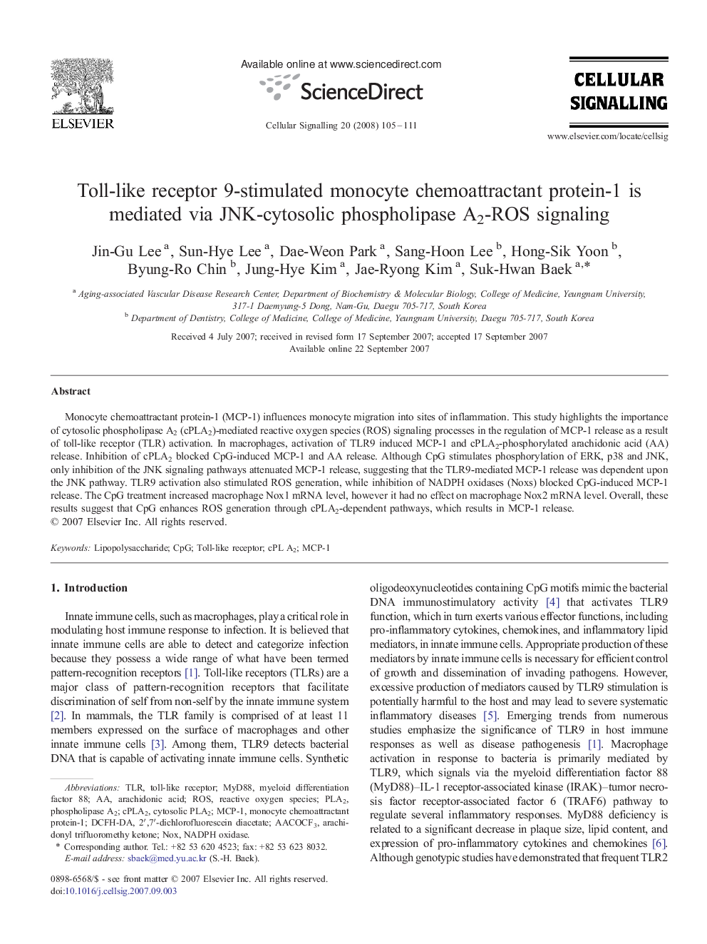 Toll-like receptor 9-stimulated monocyte chemoattractant protein-1 is mediated via JNK-cytosolic phospholipase A2-ROS signaling