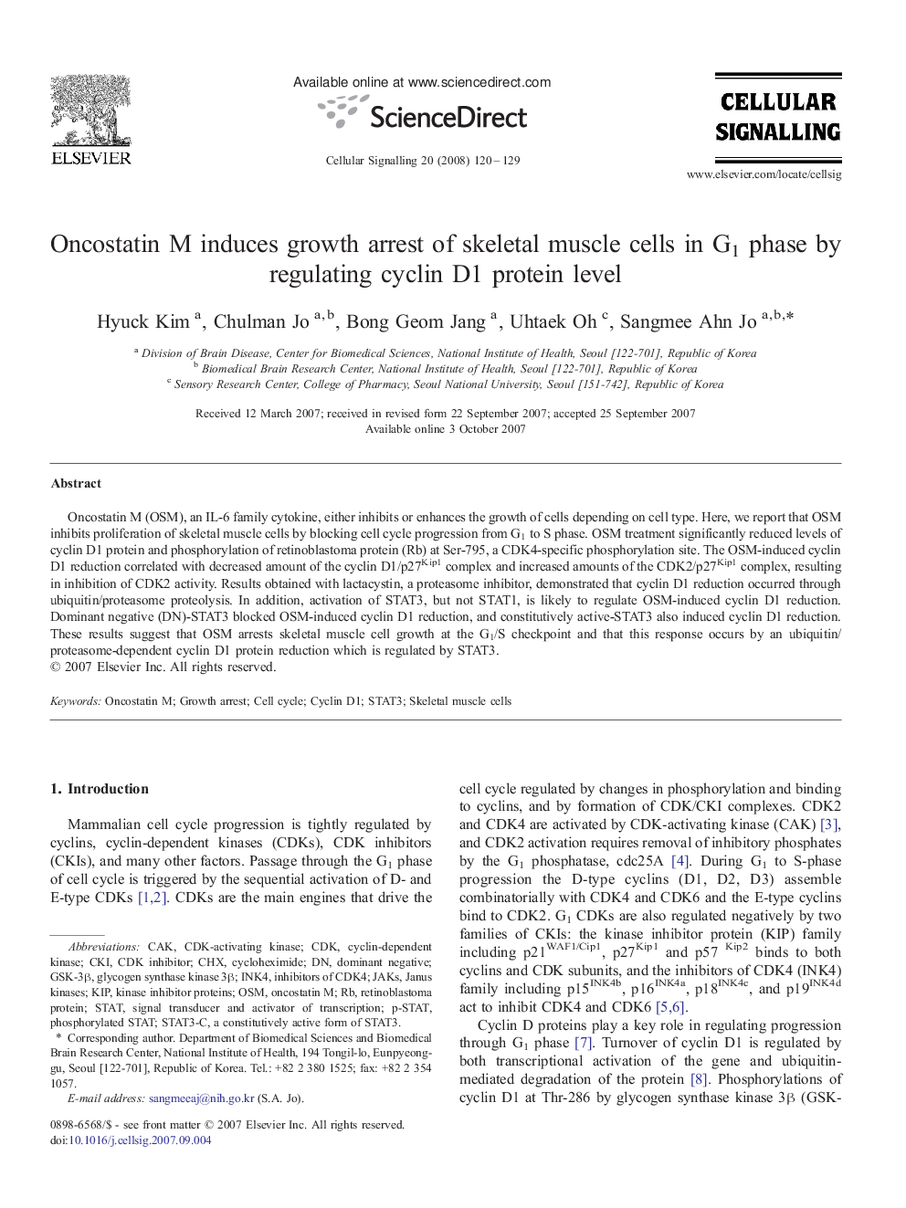 Oncostatin M induces growth arrest of skeletal muscle cells in G1 phase by regulating cyclin D1 protein level