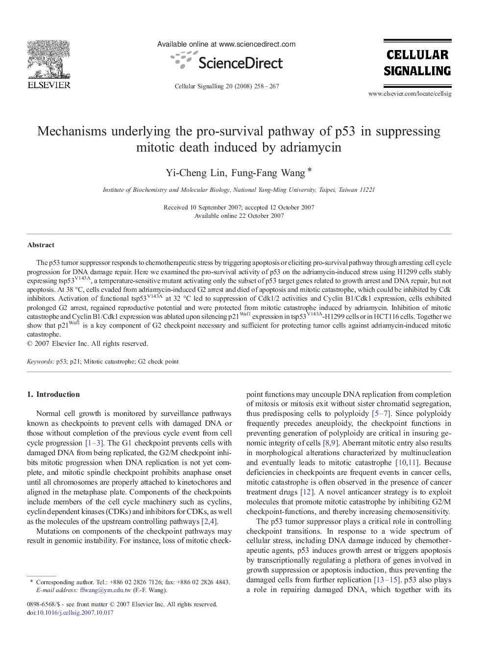 Mechanisms underlying the pro-survival pathway of p53 in suppressing mitotic death induced by adriamycin