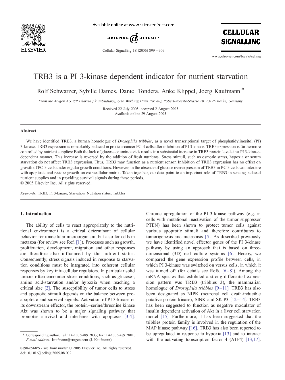 TRB3 is a PI 3-kinase dependent indicator for nutrient starvation