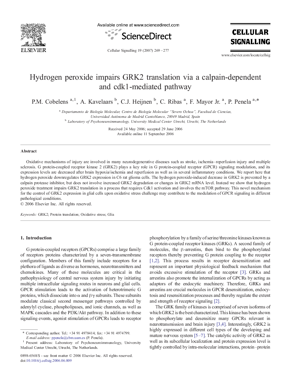 Hydrogen peroxide impairs GRK2 translation via a calpain-dependent and cdk1-mediated pathway