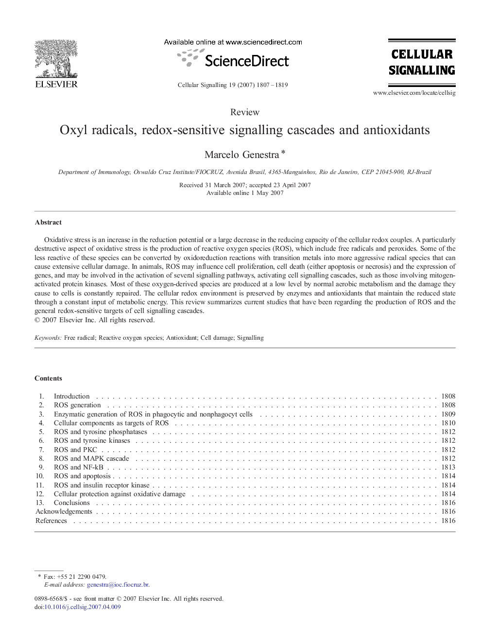 Oxyl radicals, redox-sensitive signalling cascades and antioxidants