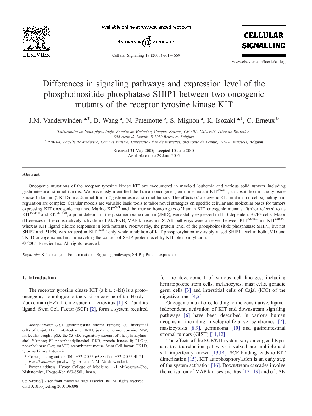 Differences in signaling pathways and expression level of the phosphoinositide phosphatase SHIP1 between two oncogenic mutants of the receptor tyrosine kinase KIT