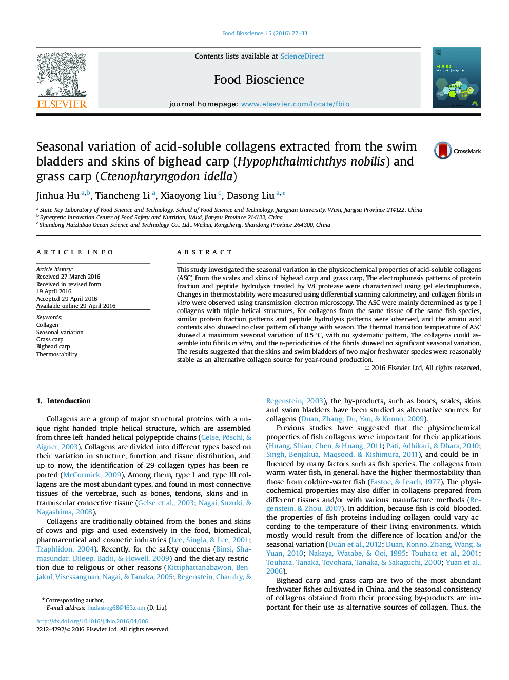 Seasonal variation of acid-soluble collagens extracted from the swim bladders and skins of bighead carp (Hypophthalmichthys nobilis) and grass carp (Ctenopharyngodon idella)