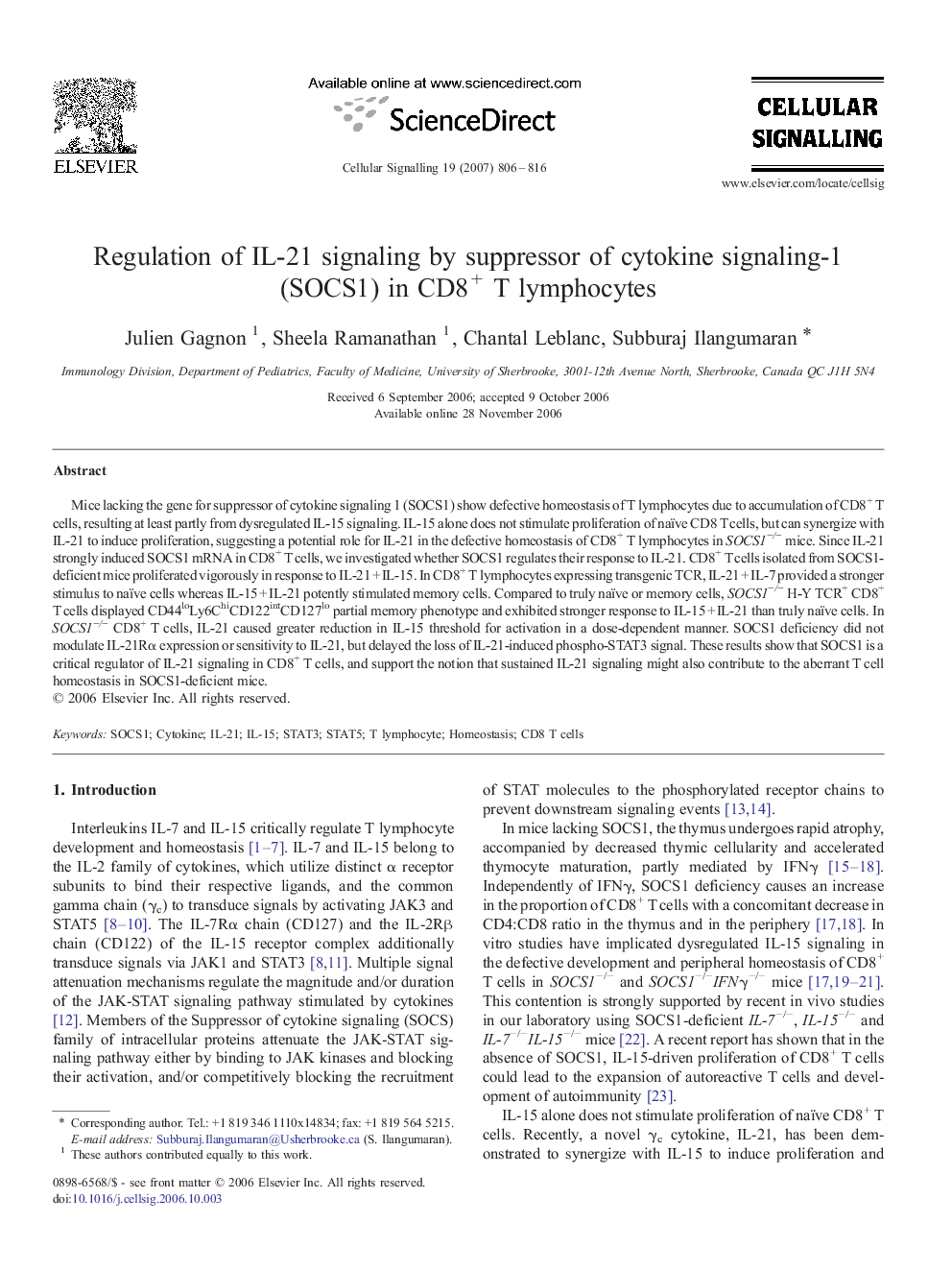 Regulation of IL-21 signaling by suppressor of cytokine signaling-1 (SOCS1) in CD8+ T lymphocytes