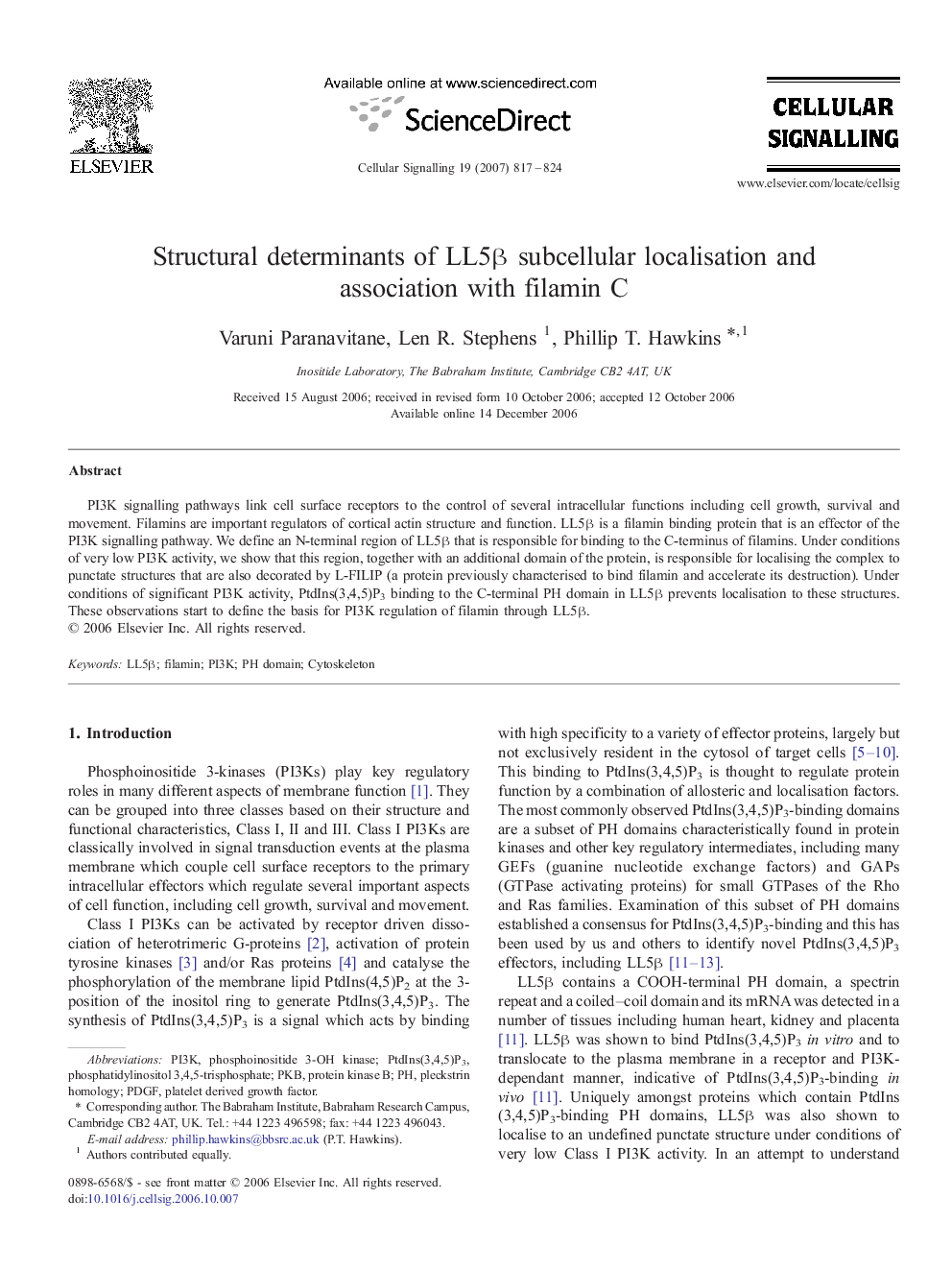 Structural determinants of LL5β subcellular localisation and association with filamin C