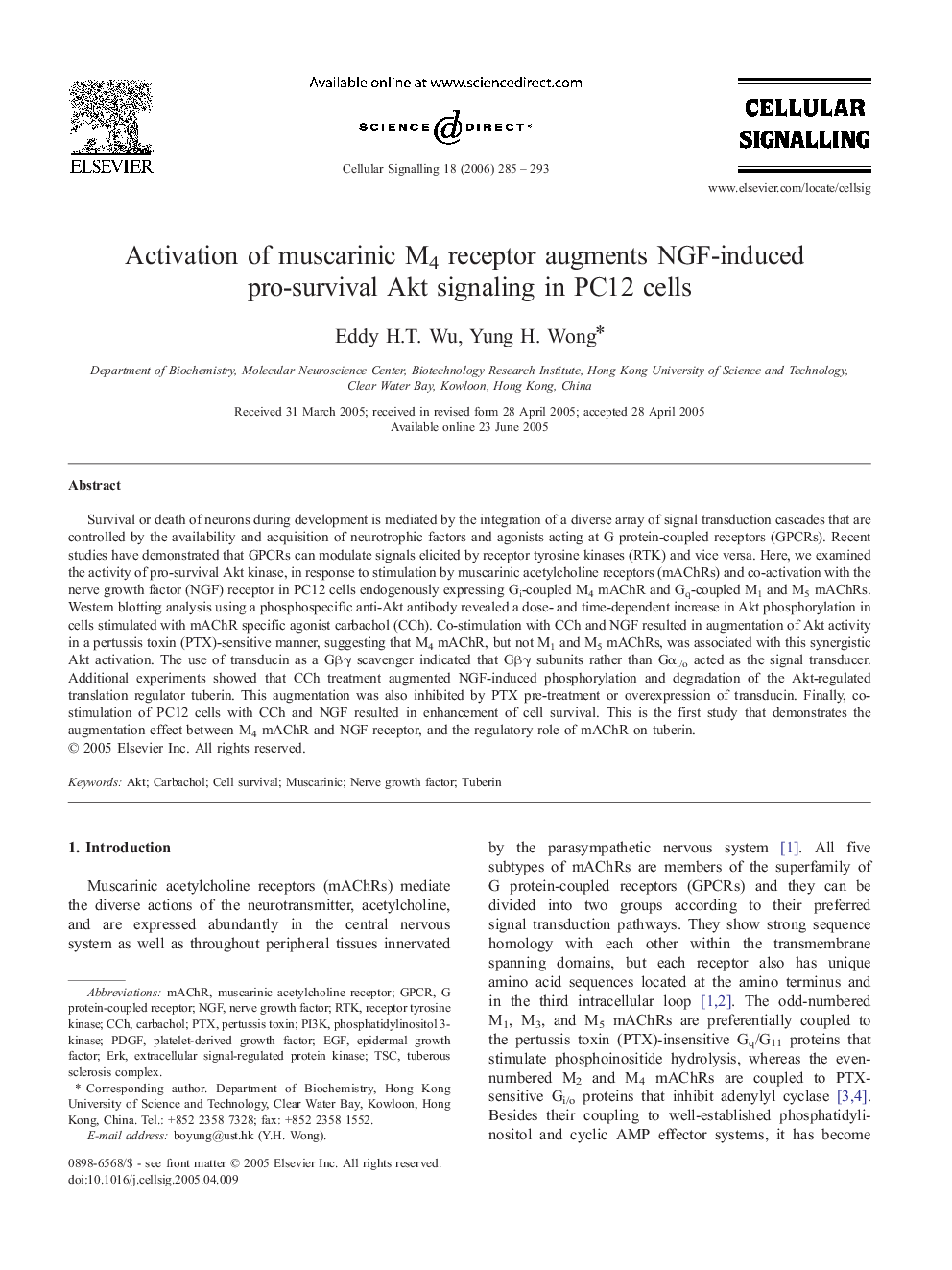 Activation of muscarinic M4 receptor augments NGF-induced pro-survival Akt signaling in PC12 cells