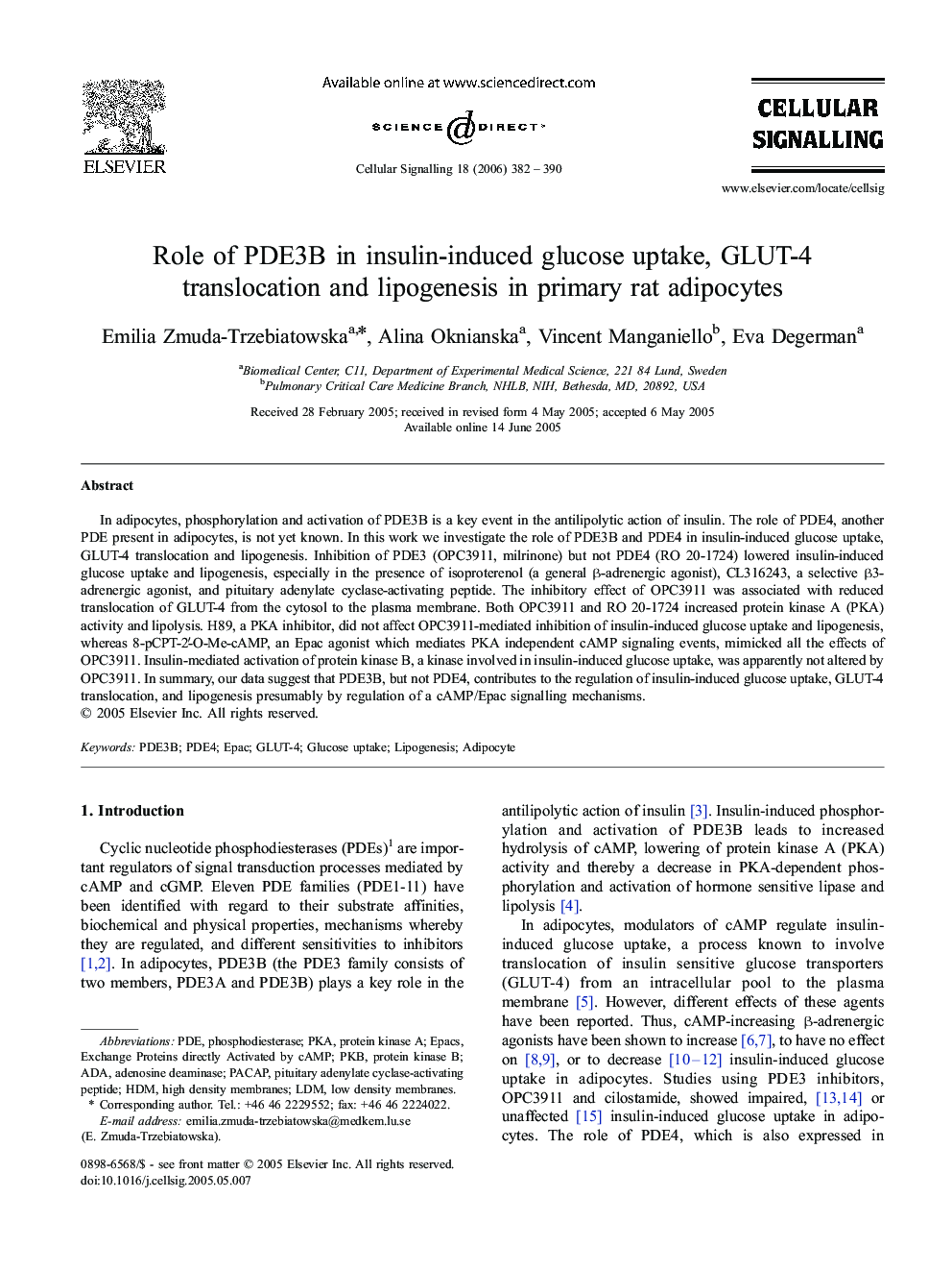 Role of PDE3B in insulin-induced glucose uptake, GLUT-4 translocation and lipogenesis in primary rat adipocytes