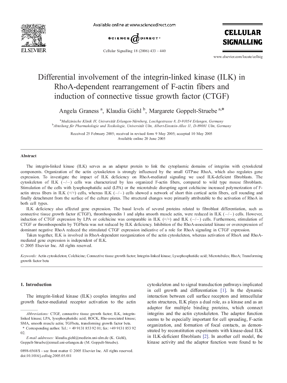 Differential involvement of the integrin-linked kinase (ILK) in RhoA-dependent rearrangement of F-actin fibers and induction of connective tissue growth factor (CTGF)