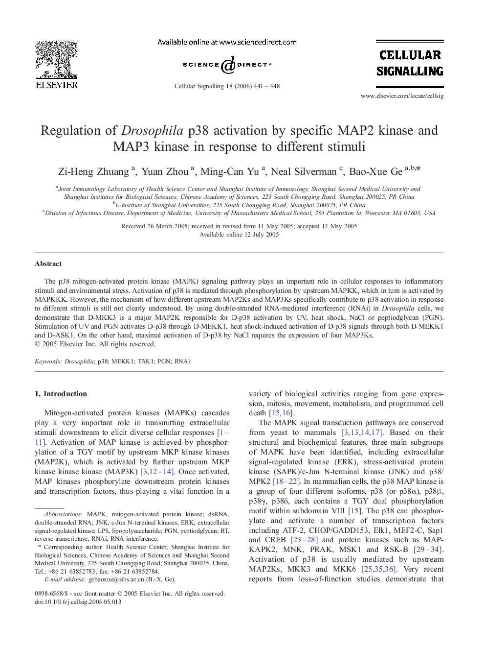 Regulation of Drosophila p38 activation by specific MAP2 kinase and MAP3 kinase in response to different stimuli