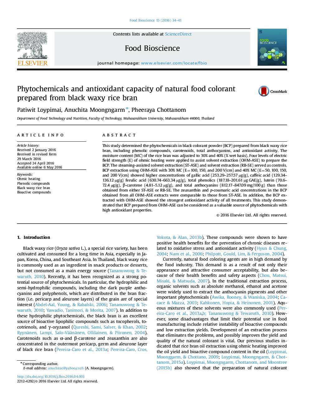 Phytochemicals and antioxidant capacity of natural food colorant prepared from black waxy rice bran