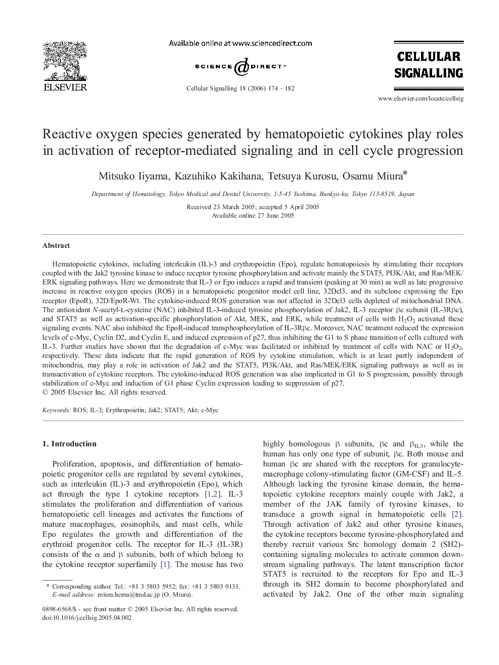 Reactive oxygen species generated by hematopoietic cytokines play roles in activation of receptor-mediated signaling and in cell cycle progression